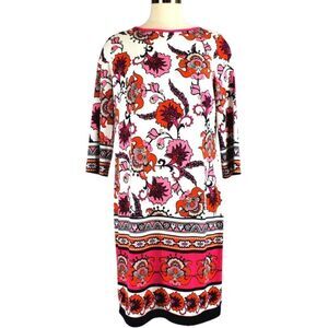 Paisley Dress Knee Length Shift 3/4 Sleeve Round Neck Back Zip Pink Size Med